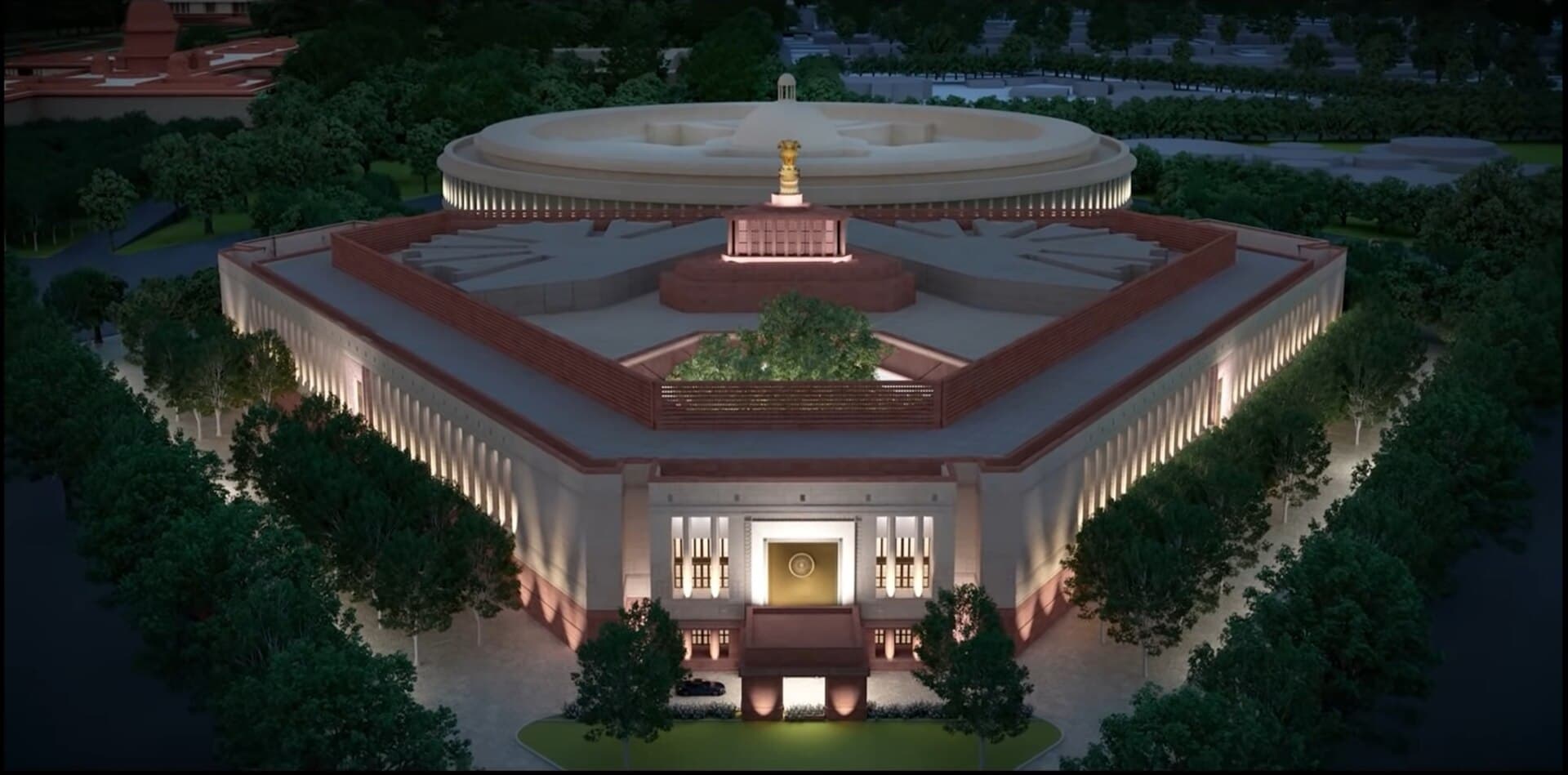 The illuminated New Parliament Building in New Delhi