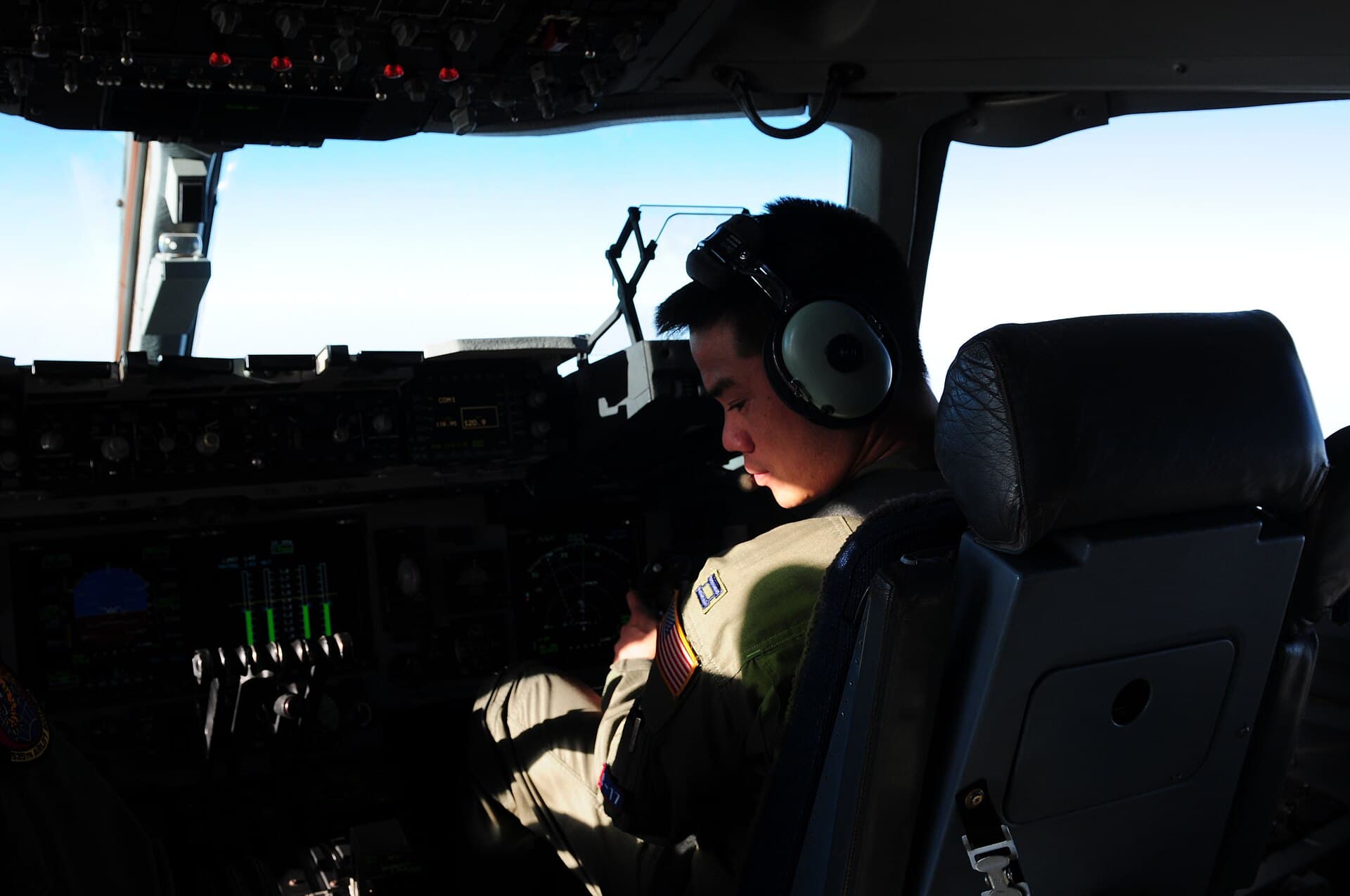 Pilot Capt. John Ma prepares to land the C-17 Globemaster III after more than 10 hours of flying from Kadena Air Base, Japan, through U-tapao, Thailand and finally to Agra Air Force Base, India